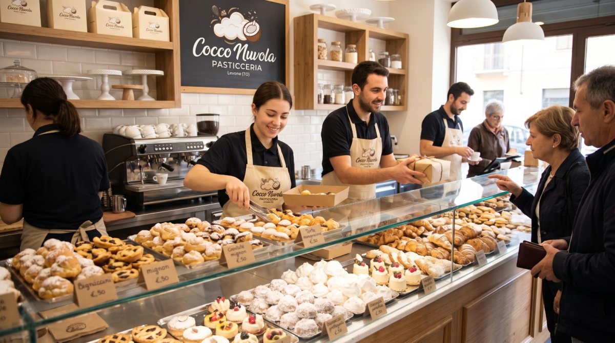 Interno della pasticceria: un banco ricco di mignon e croissant, con il personale che serve i clienti tra scaffali in legno.