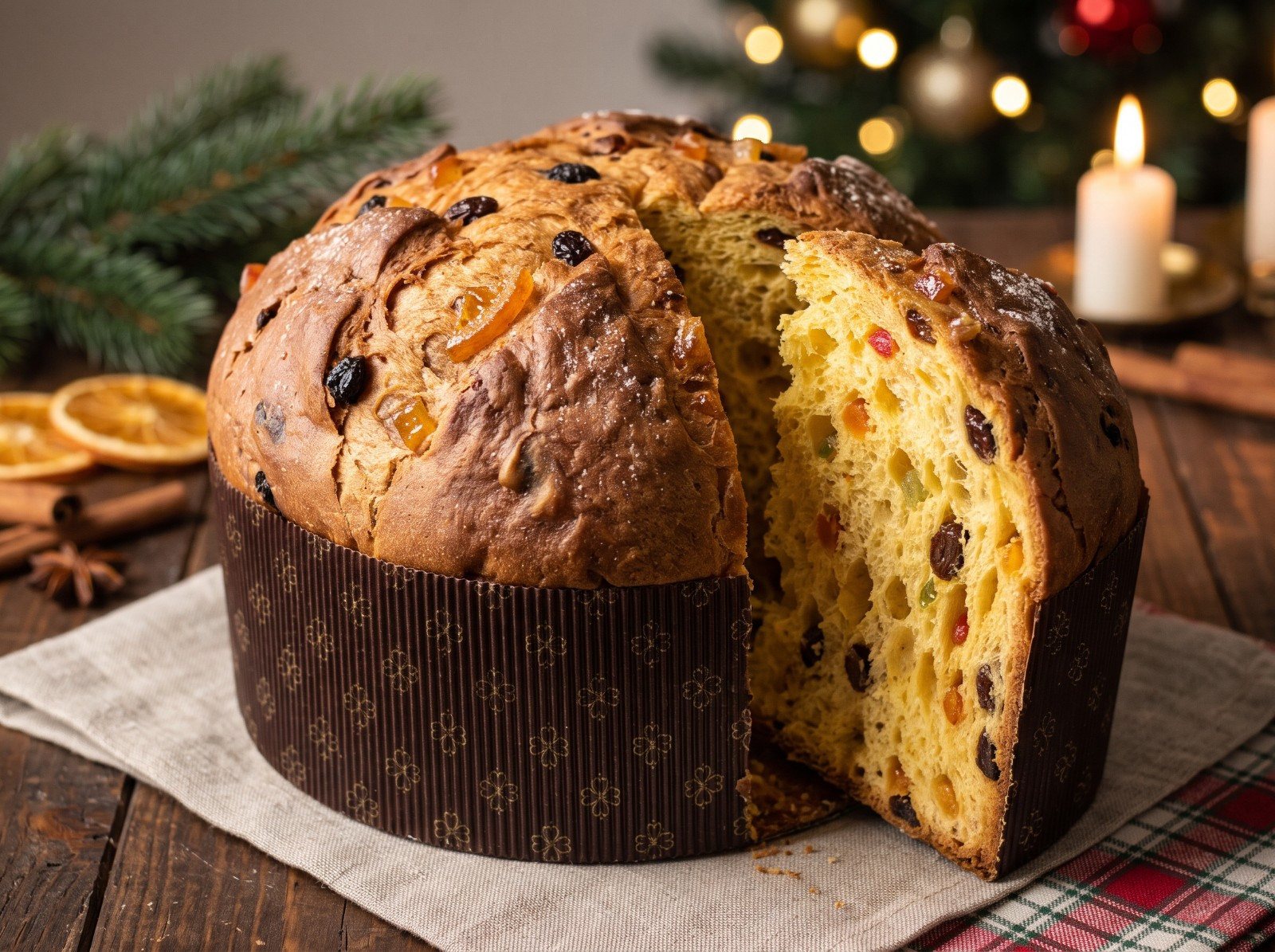Panettone con uvetta e canditi, tagliato con una fetta accostata, su un tavolo con rami di abete e una candela accesa.