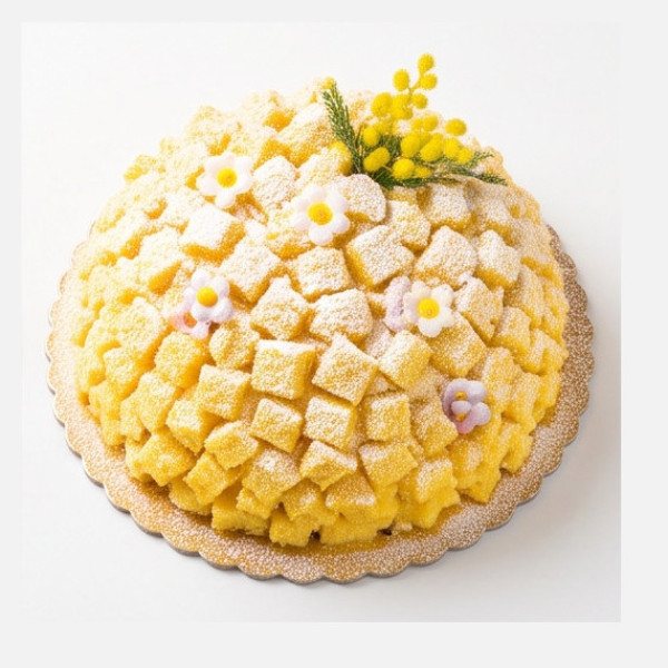 Torta mimosa a cupola ricoperta di cubetti di pan di Spagna, zucchero a velo, fiorellini e un rametto di mimosa.