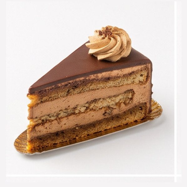 Fetta di torta a strati con crema marrone, copertura al cioccolato e ciuffo di crema, su un supporto dorato.