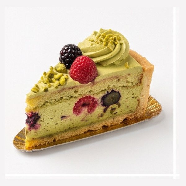 Fetta di crostata con crema verde al pistacchio e frutti di bosco, decorata con un lampone, una mora e granella.