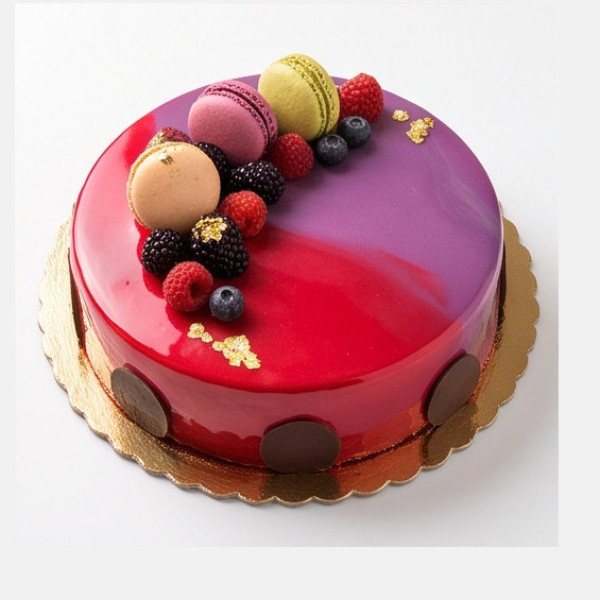 Torta con glassa a specchio rossa e viola, macaron, frutti di bosco e dettagli dorati, su un sottotorta dorato.